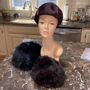 3 fur hats sz S black Zeagoo S Empress vintage brown & brown faux fur